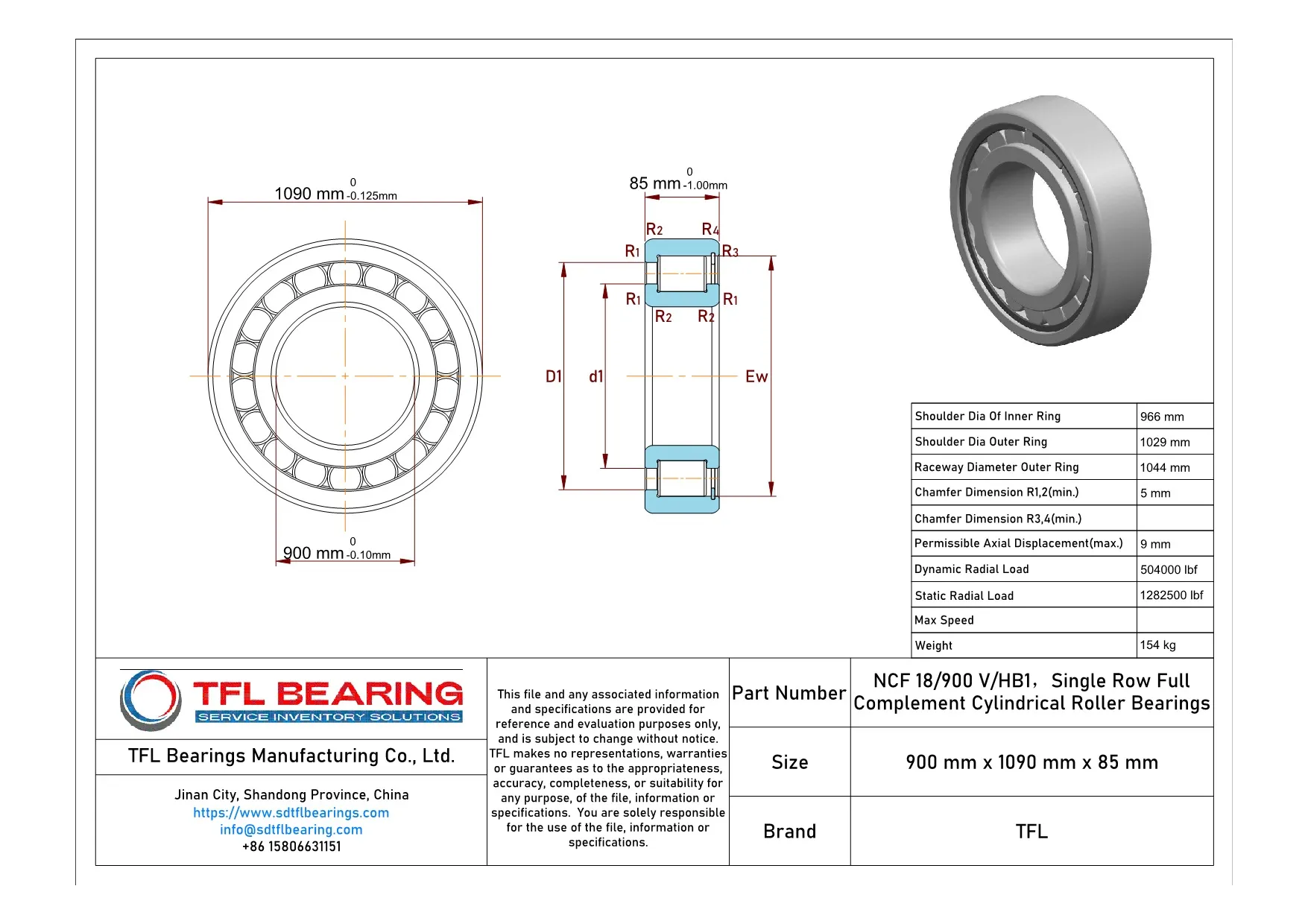 Single Row Full Complement Cylindrical Roller Bearings NCF 18/900 V/HB1 dimension drawing