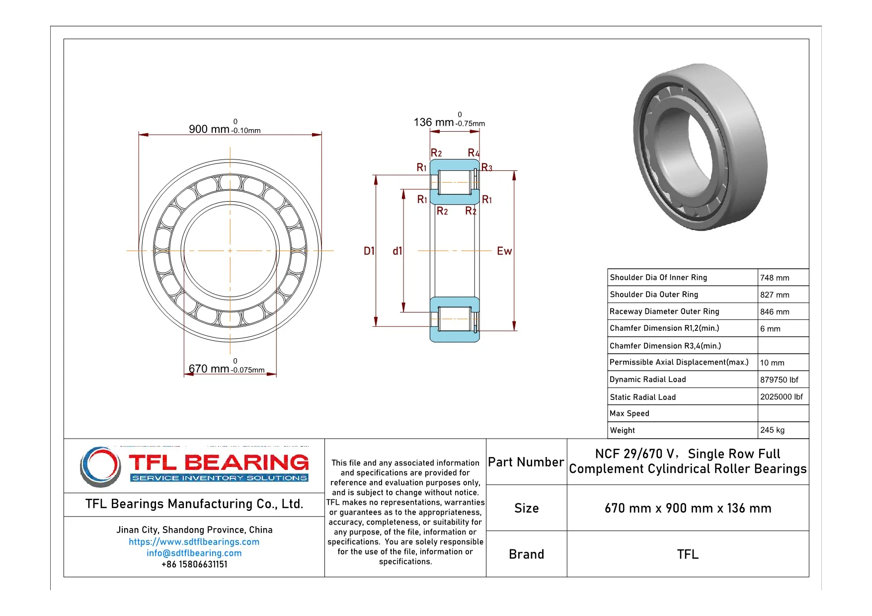 Single Row Full Complement Cylindrical Roller Bearings NCF 29/670 V dimension drawing