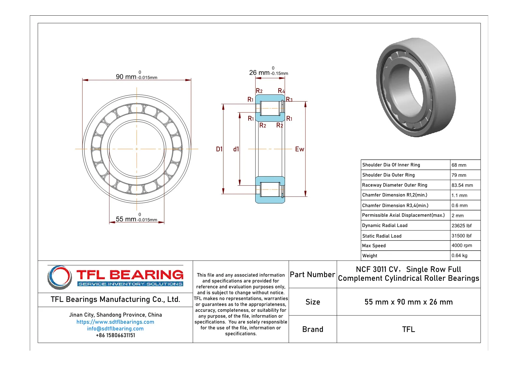 Single Row Full Complement Cylindrical Roller Bearings NCF 3011 CV dimension drawing