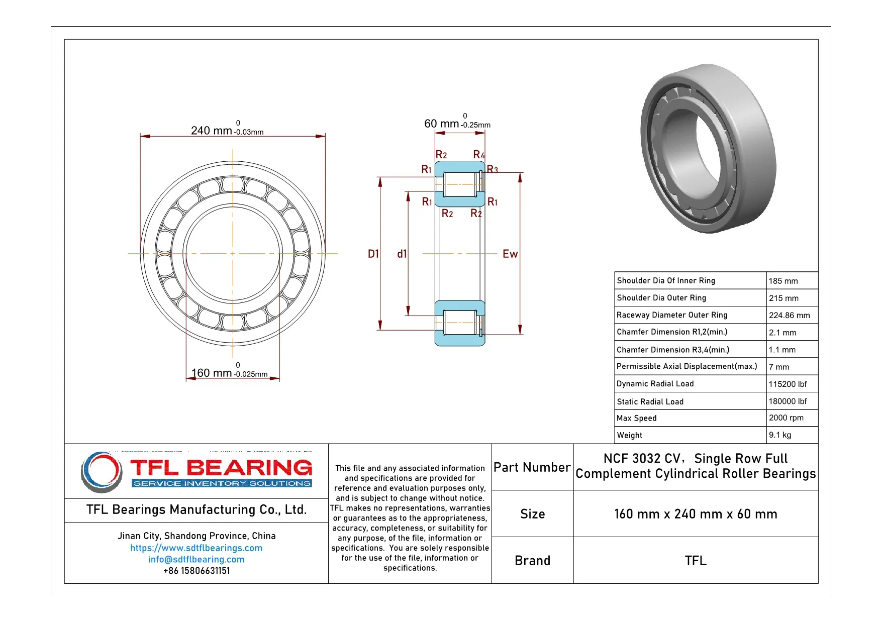 Single Row Full Complement Cylindrical Roller Bearings NCF 3032 CV dimension drawing