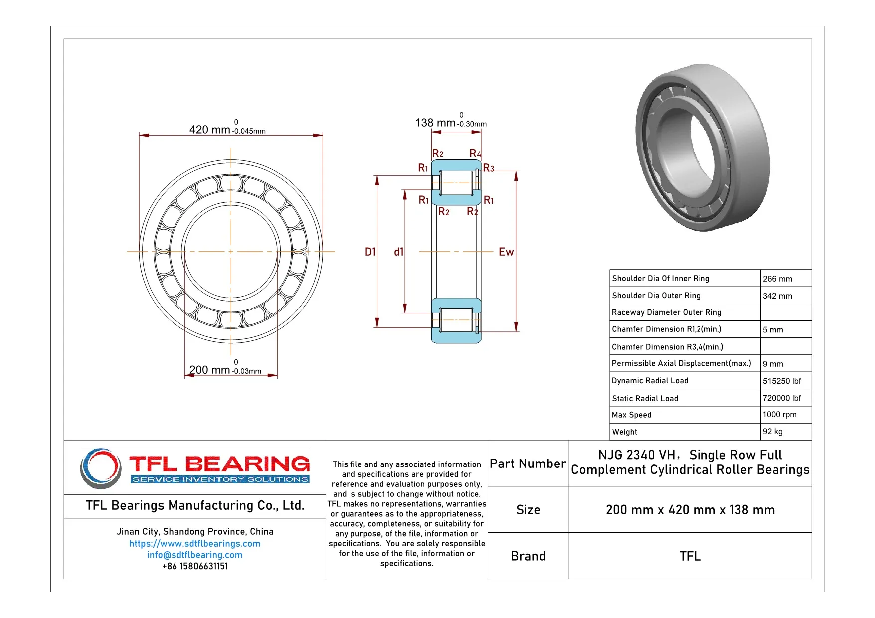 Single Row Full Complement Cylindrical Roller Bearings NJG 2340 VH dimension drawing