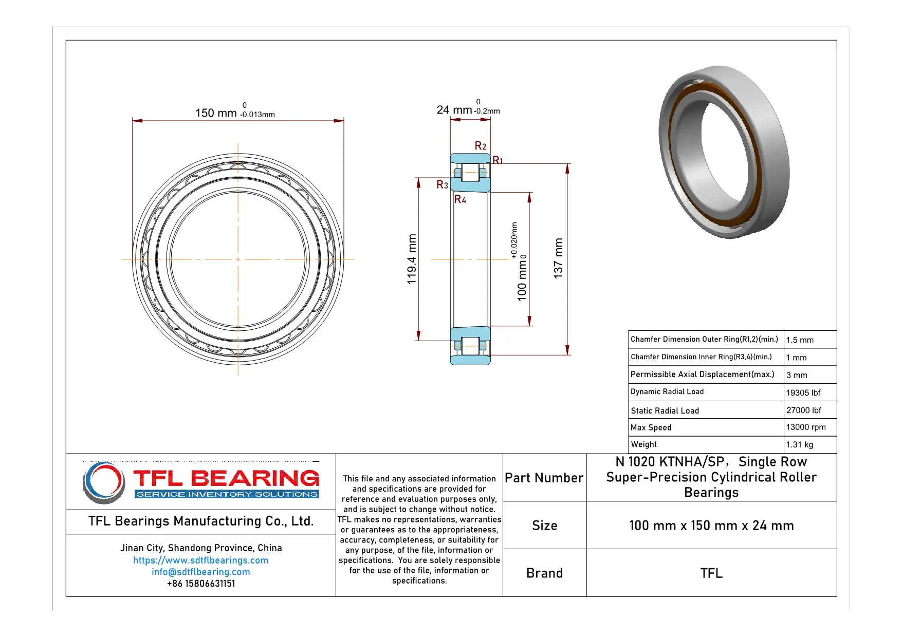 Single Row Super-Precision Cylindrical Roller Bearings N 1020 KTNHA/SP dimension drawing
