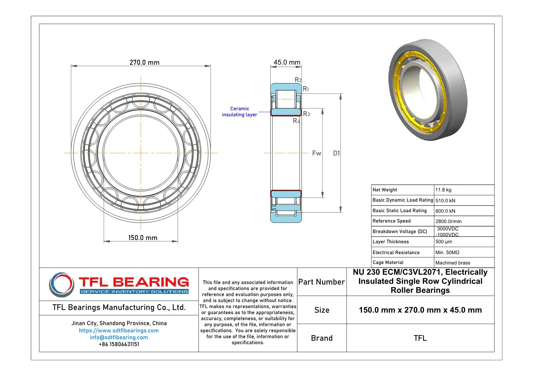 Electrically Insulated Single Row Cylindrical Roller Bearings NU 230 ECM/C3VL2071 dimension drawing