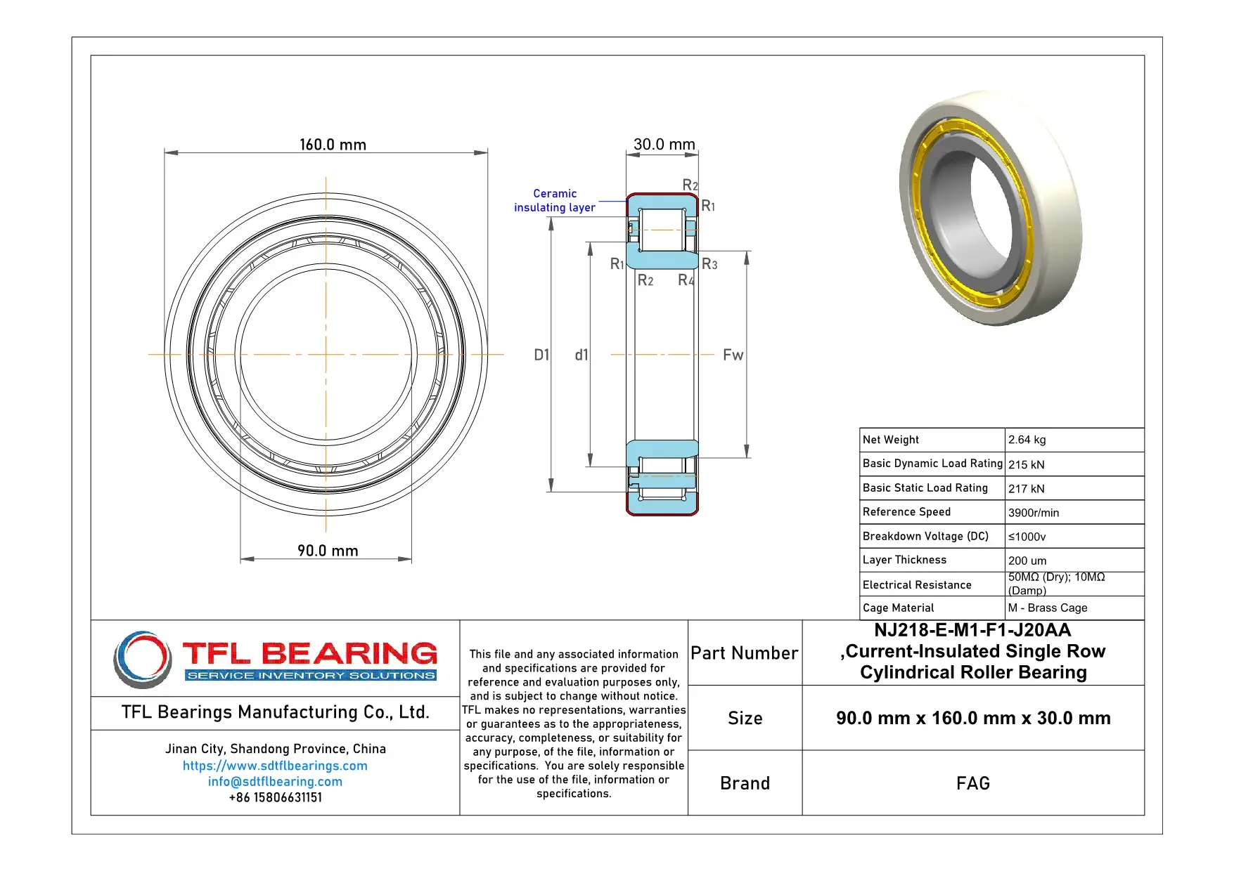 FAG Current-Insulated Single Row Cylindrical Roller Bearing NJ218-E-M1-F1-J20AA dimension drawing
