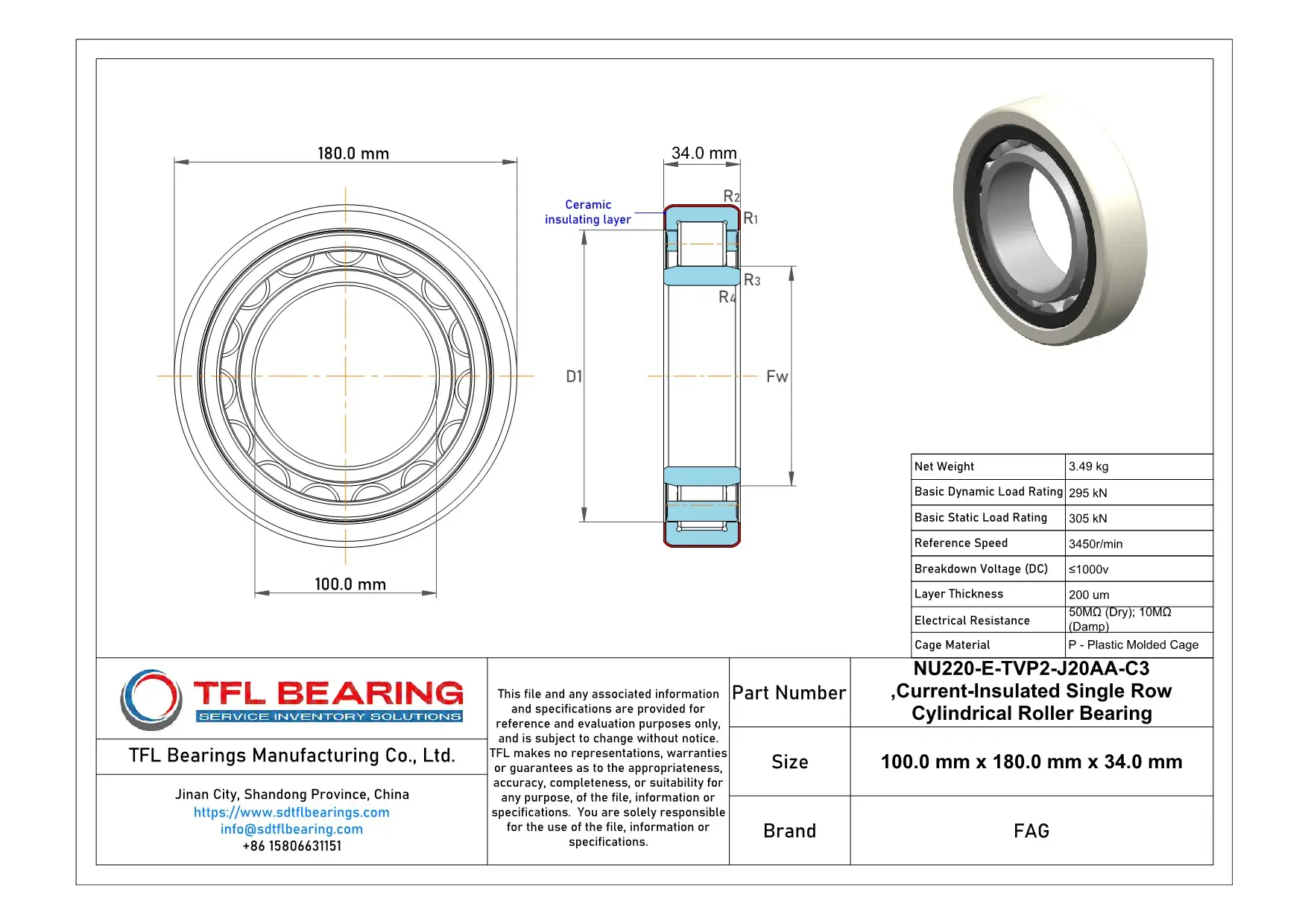 FAG Current-Insulated Single Row Cylindrical Roller Bearing NU220-E-TVP2-J20AA-C3 dimension drawing