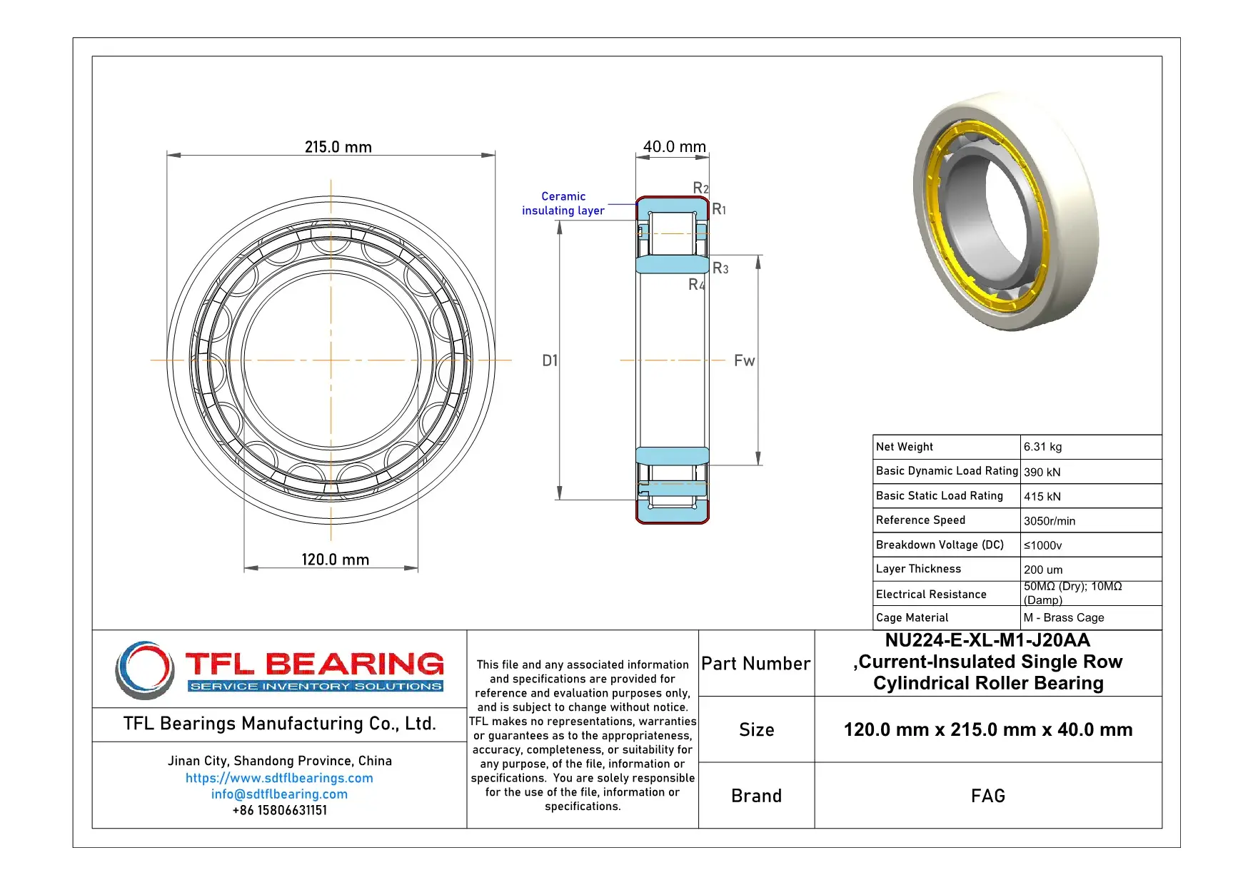 FAG Current-Insulated Single Row Cylindrical Roller Bearing NU224-E-XL-M1-J20AA dimension drawing