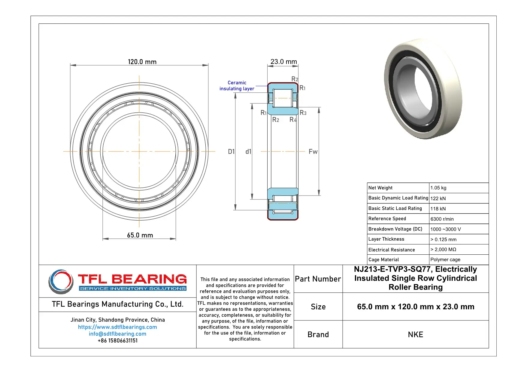 NKE Electrically Insulated Single Row Cylindrical Roller Bearing NJ213-E-TVP3-SQ77 dimension drawing