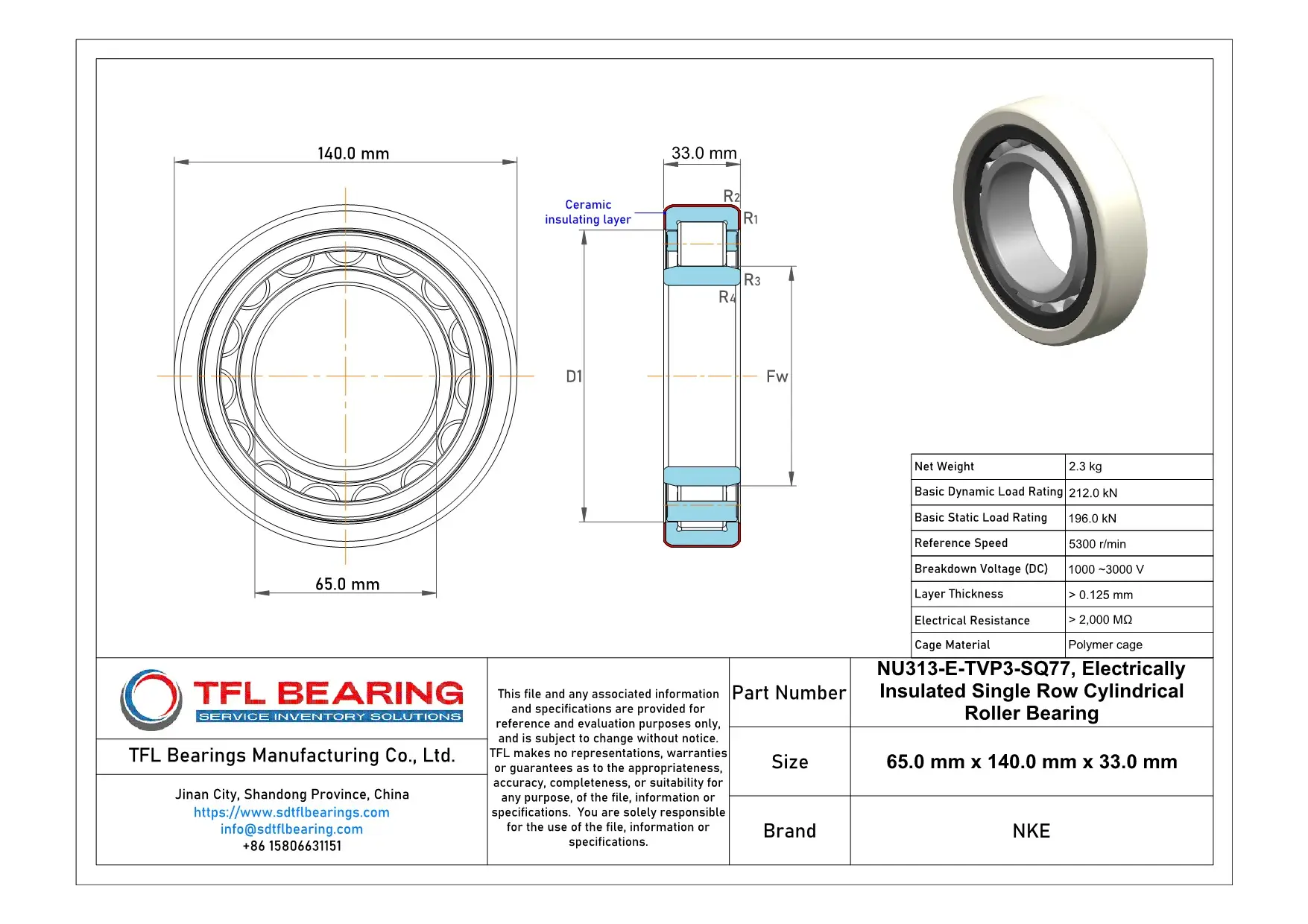 NKE Electrically Insulated Single Row Cylindrical Roller Bearing NU313-E-TVP3-SQ77 dimension drawing