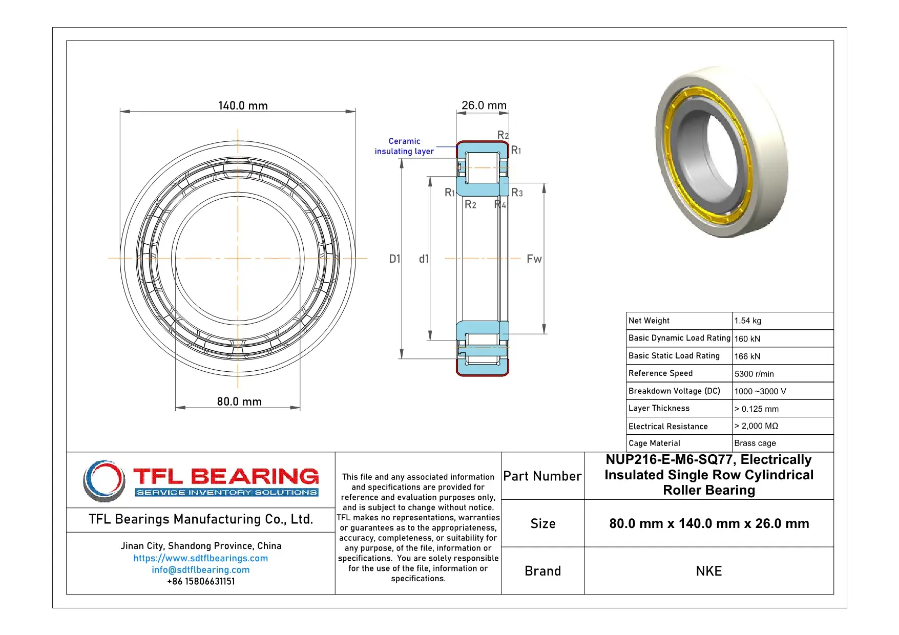 NKE Electrically Insulated Single Row Cylindrical Roller Bearing NUP216-E-M6-SQ77 dimension drawing