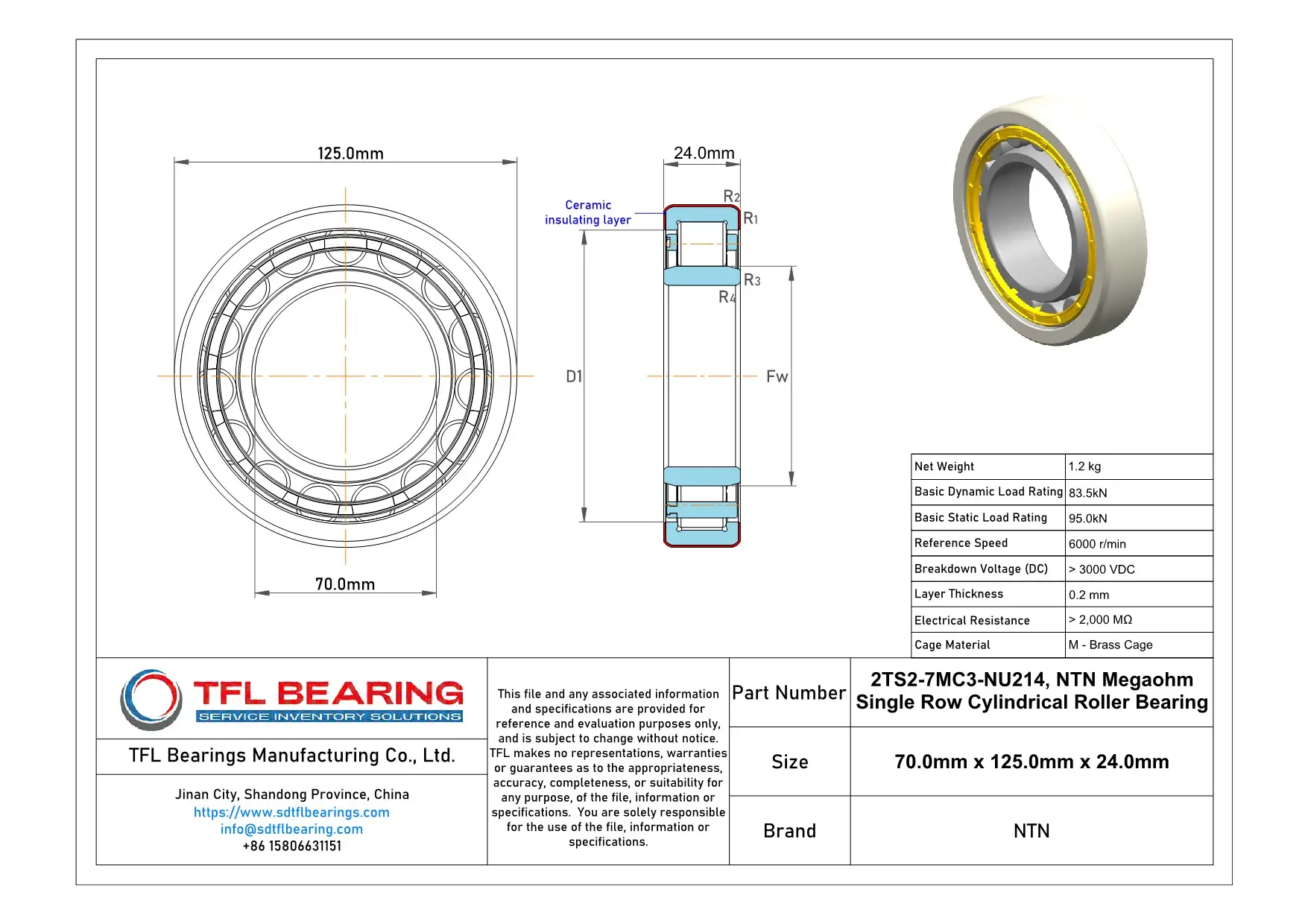 NTN Megaohm Single Row Cylindrical Roller Bearing 2TS2-7MC3-NU214 dimension drawing
