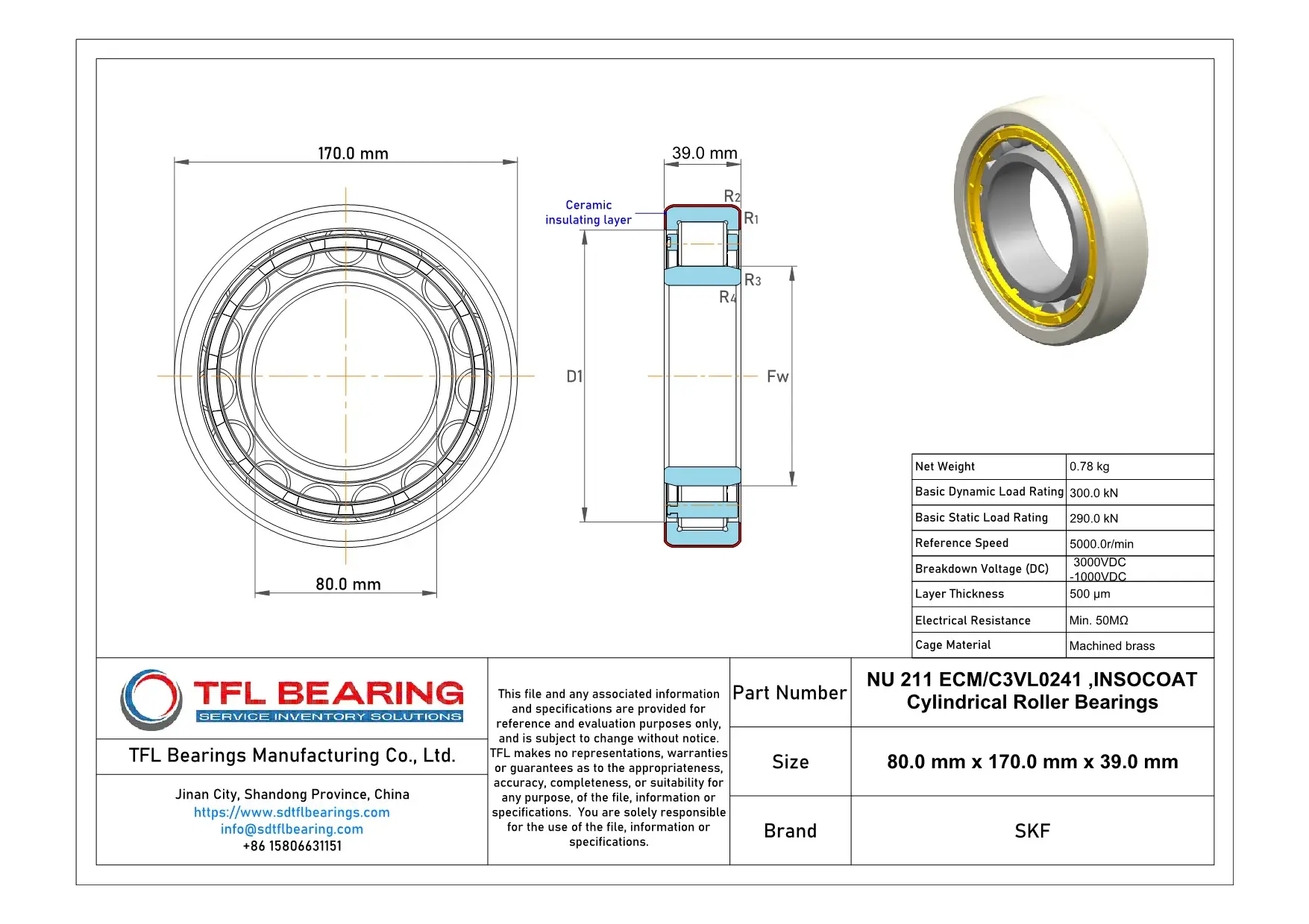 SKF INSOCOAT Cylindrical Roller Bearings NU 211 ECM/C3VL0241 dimension drawing
