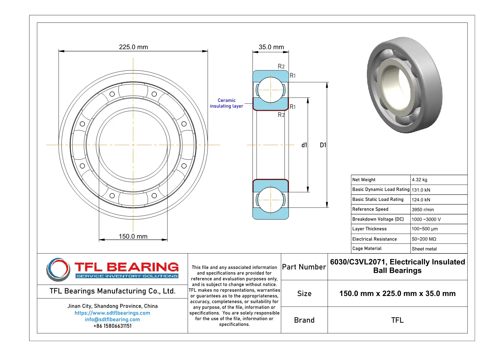 Electrically Insulated Ball Bearings 6030/C3VL2071 dimension drawing
