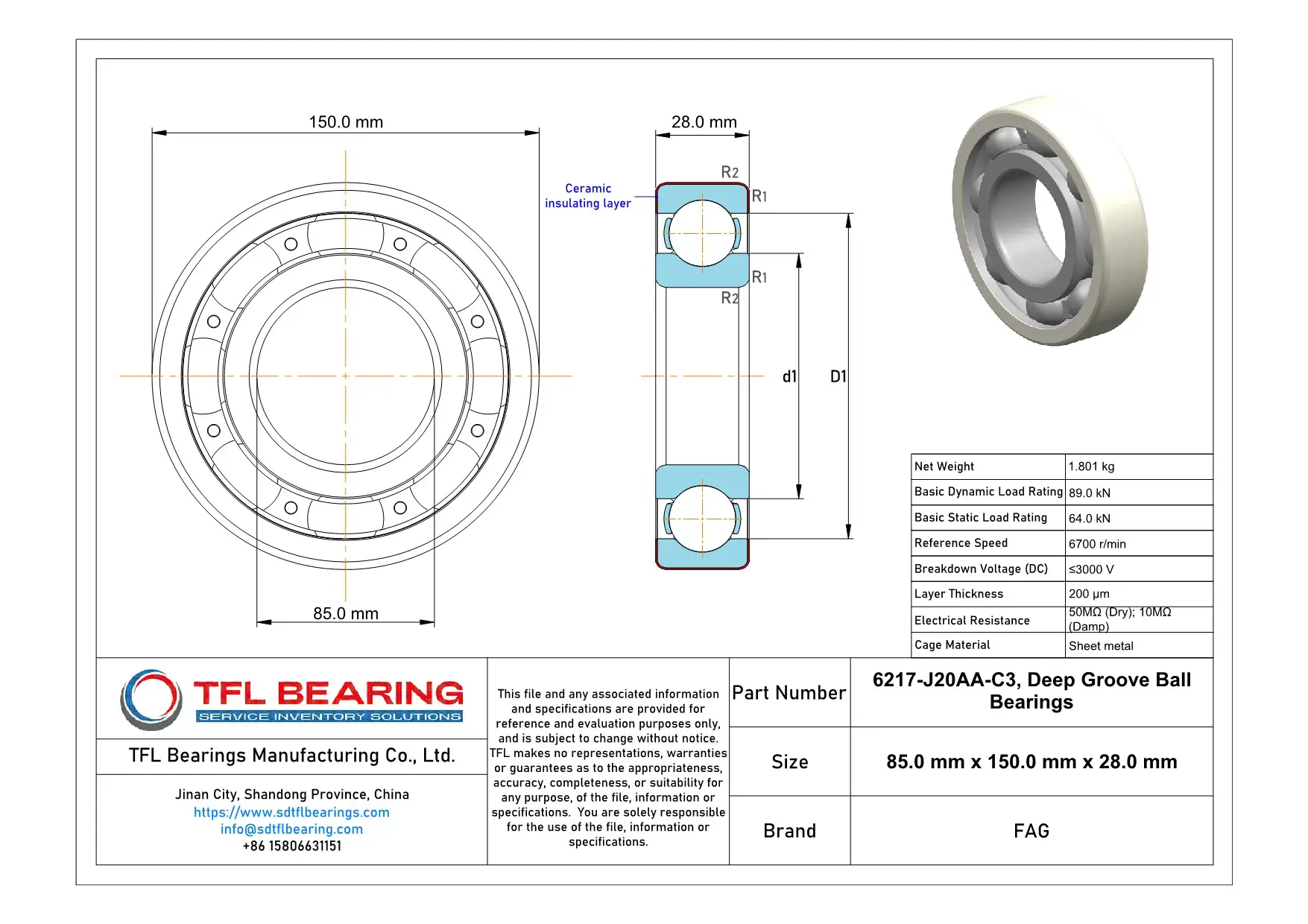 FAG Current-Insulated Bearings 6217-J20AA-C3 dimension drawing