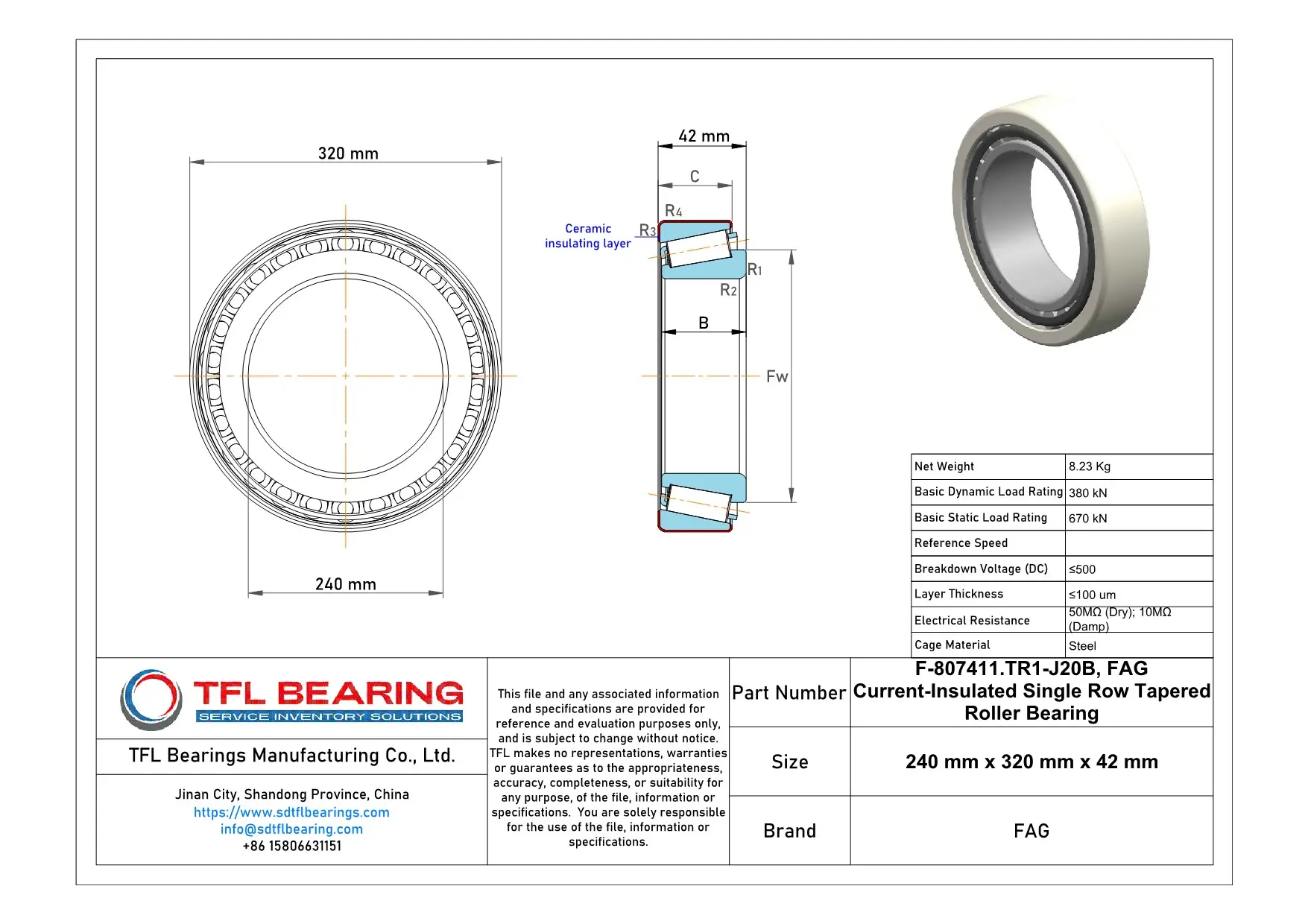 FAG Current-Insulated Single Row Tapered Roller Bearing F-807411.TR1-J20B dimension drawing