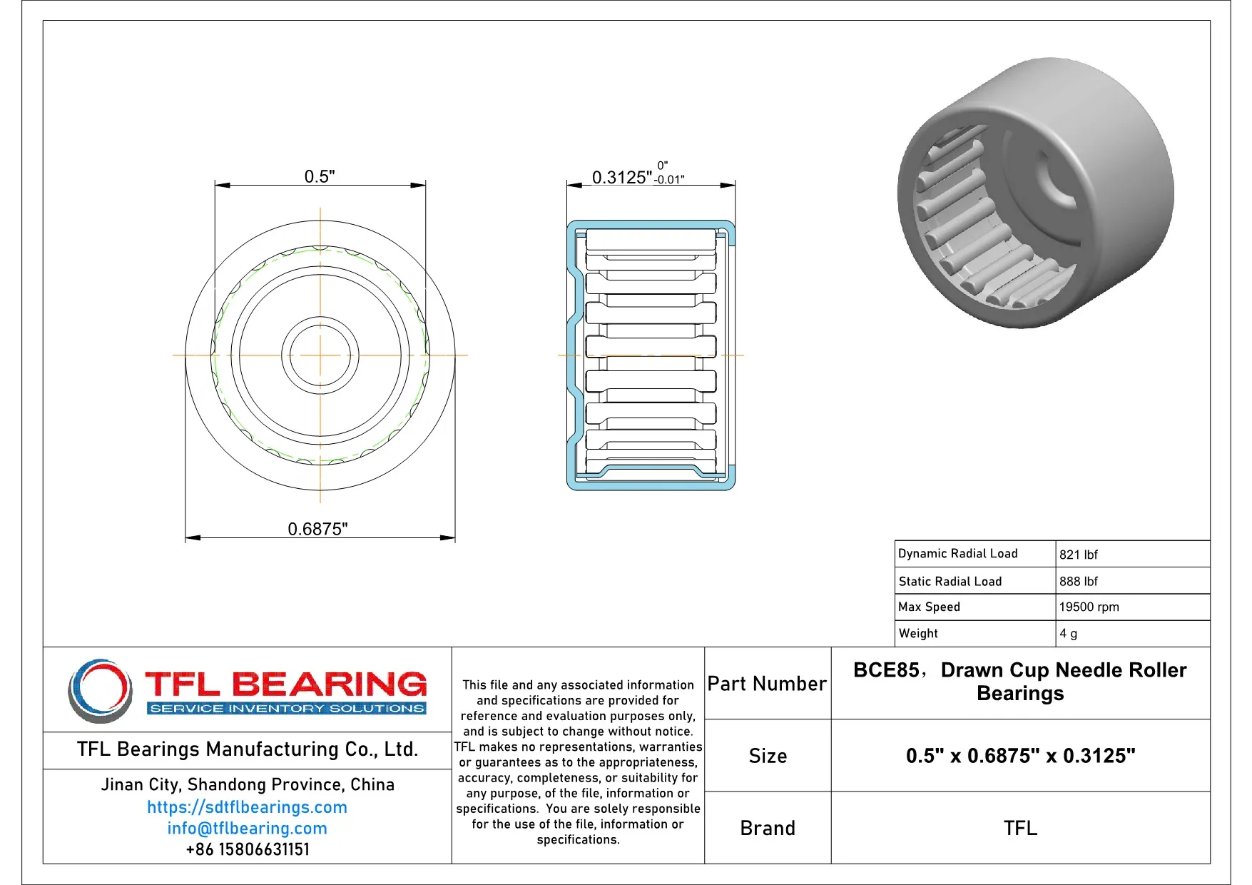 Drawn Cup Needle Roller Bearings BCE85 dimension drawing