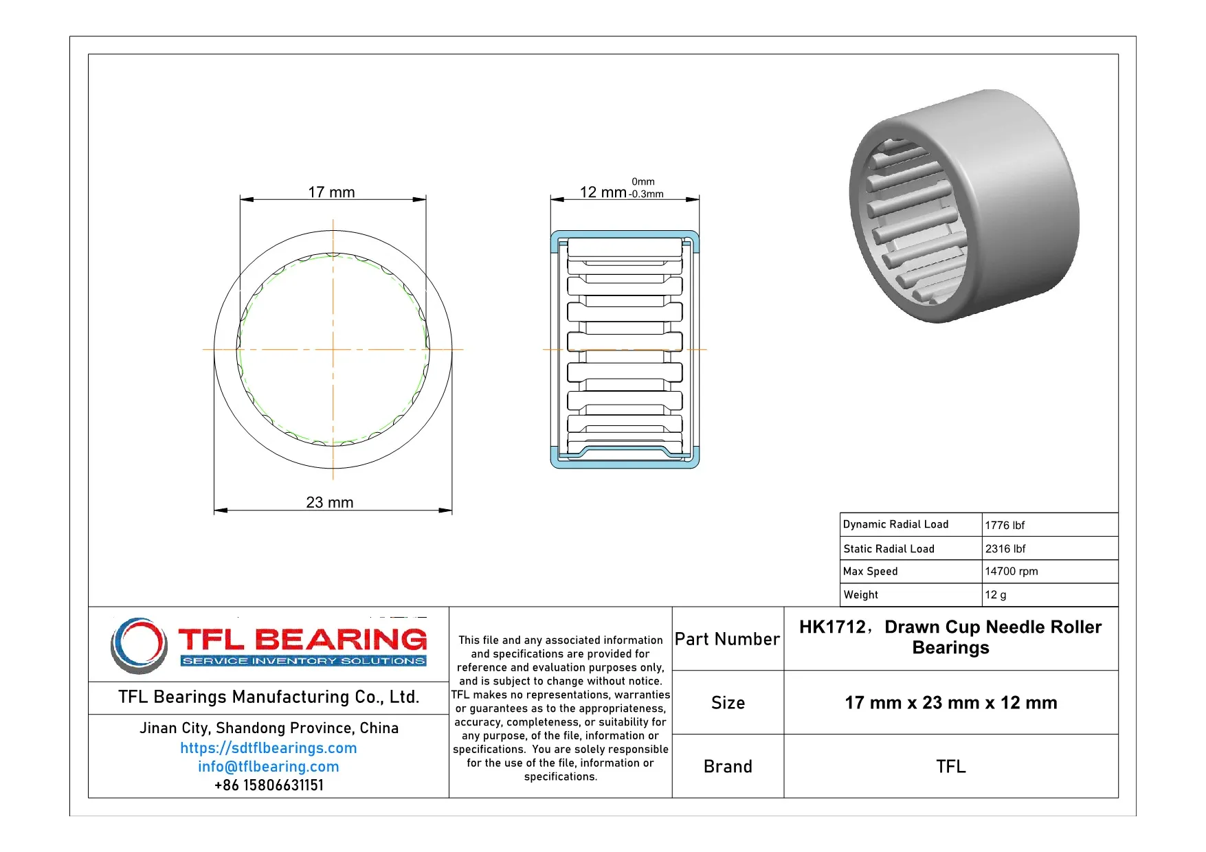 Drawn Cup Needle Roller Bearings HK1712 dimension drawing