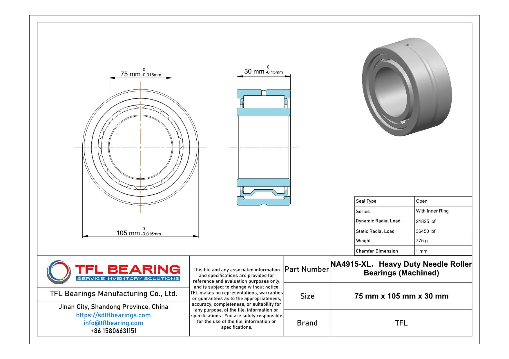 Heavy Duty Needle Roller Bearings (Machined) NA4915-XL dimension drawing