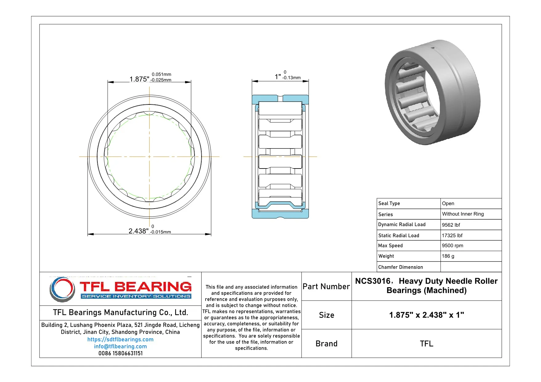 Heavy Duty Needle Roller Bearings (Machined) NCS3016 dimension drawing