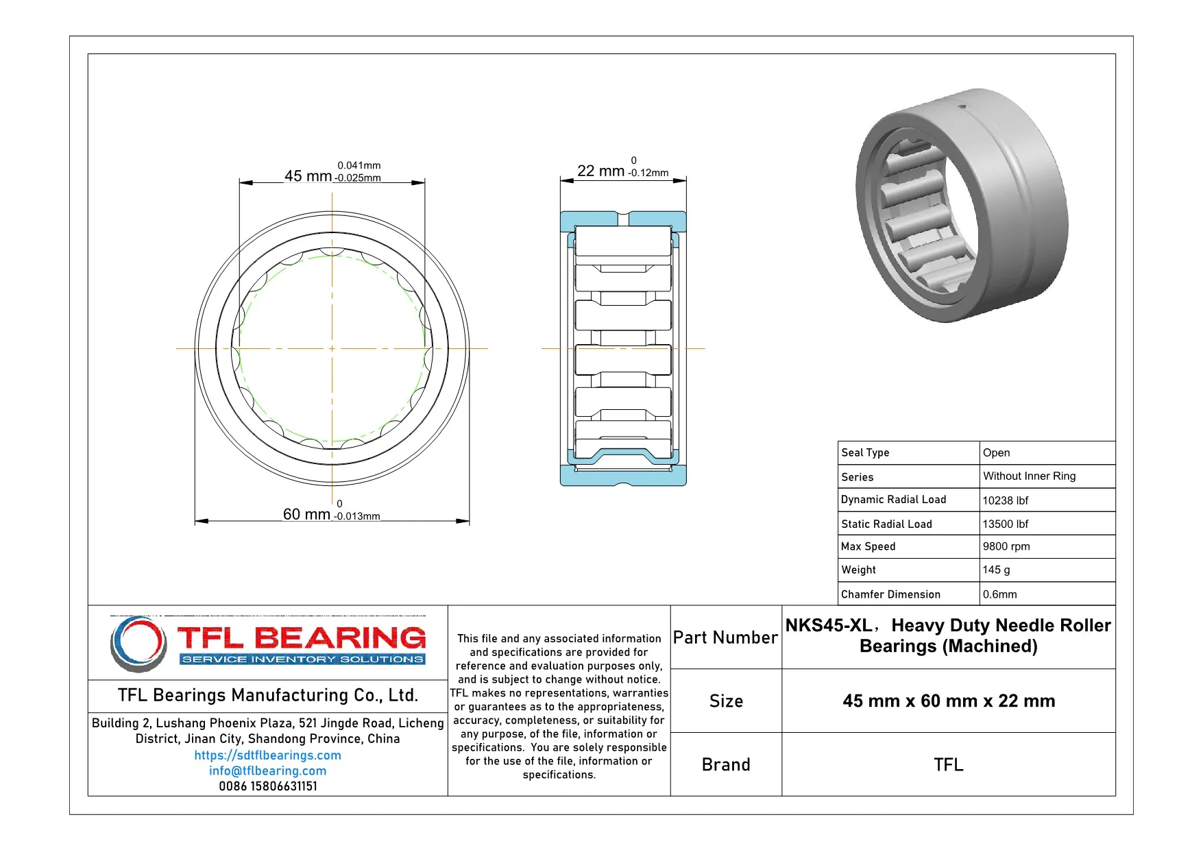 Heavy Duty Needle Roller Bearings (Machined) NKS45-XL dimension drawing