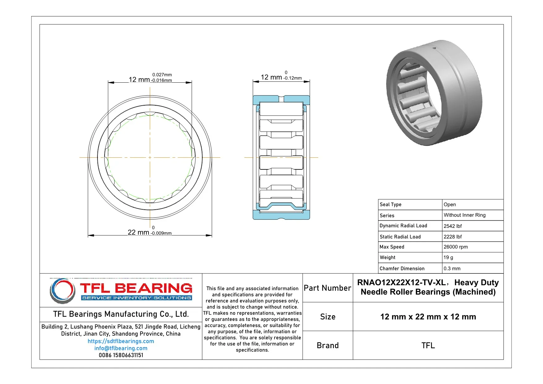 Heavy Duty Needle Roller Bearings (Machined) RNAO12X22X12-TV-XL dimension drawing