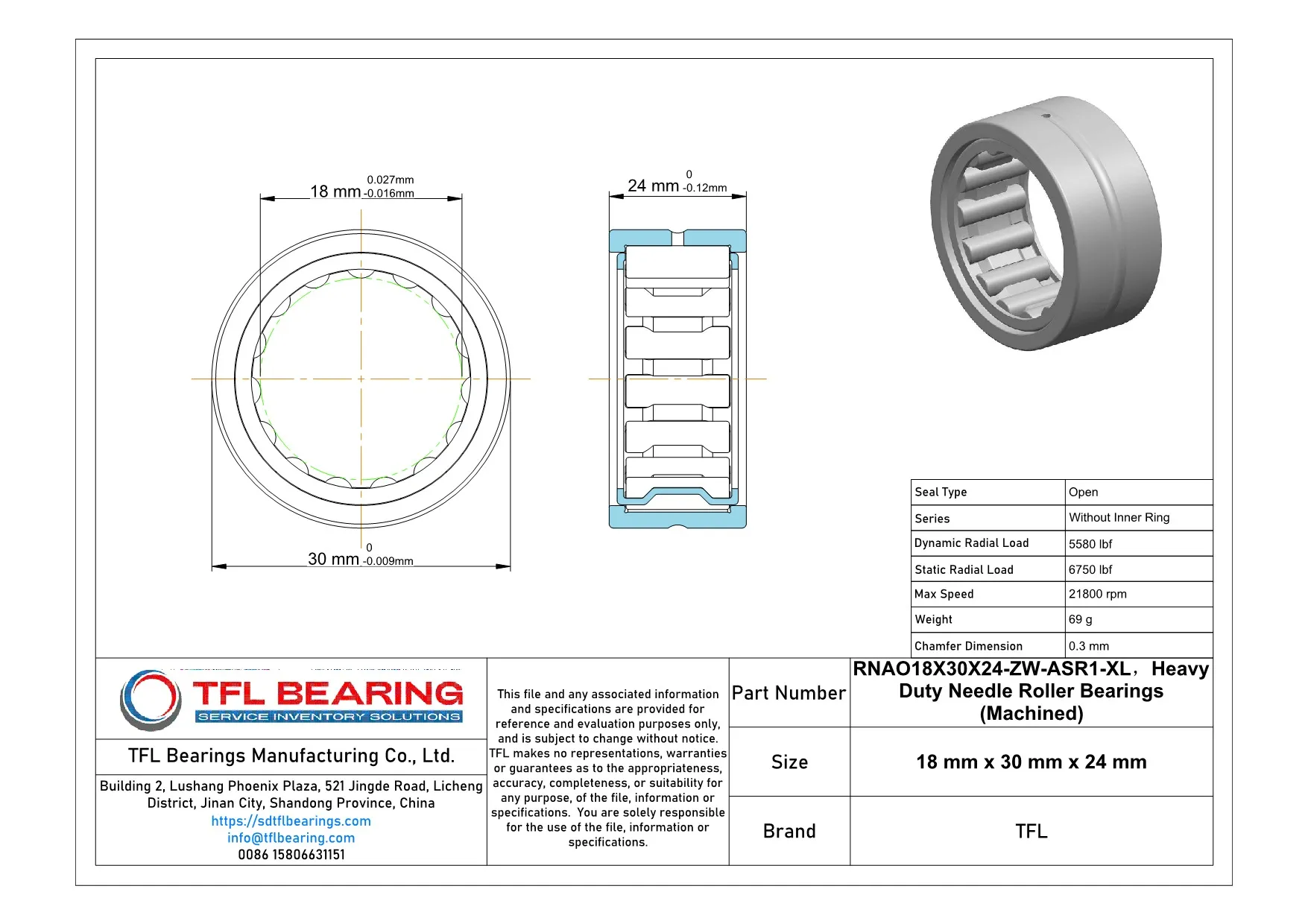 Heavy Duty Needle Roller Bearings (Machined) RNAO18X30X24-ZW-ASR1-XL dimension drawing
