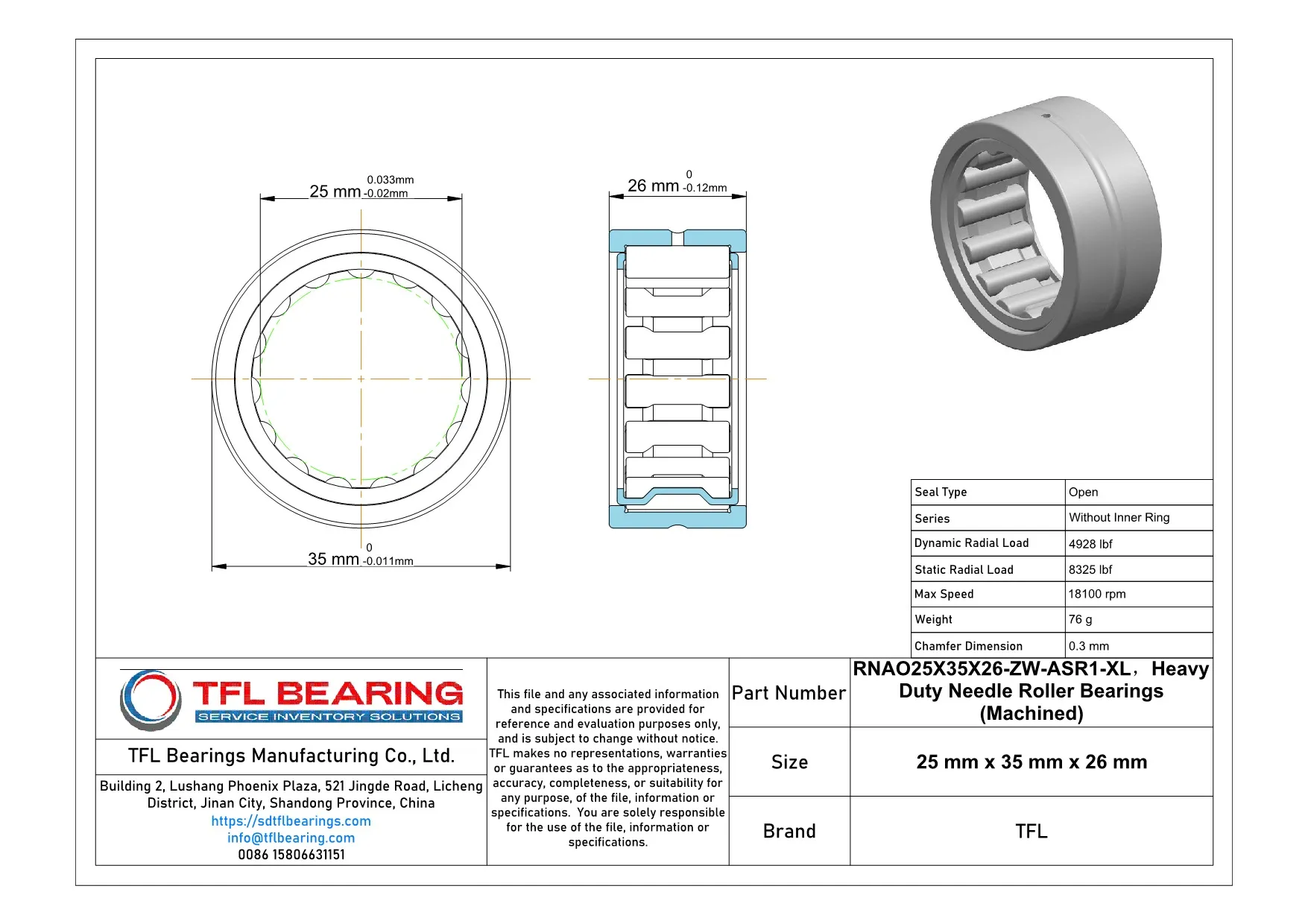Heavy Duty Needle Roller Bearings (Machined) RNAO25X35X26-ZW-ASR1-XL dimension drawing
