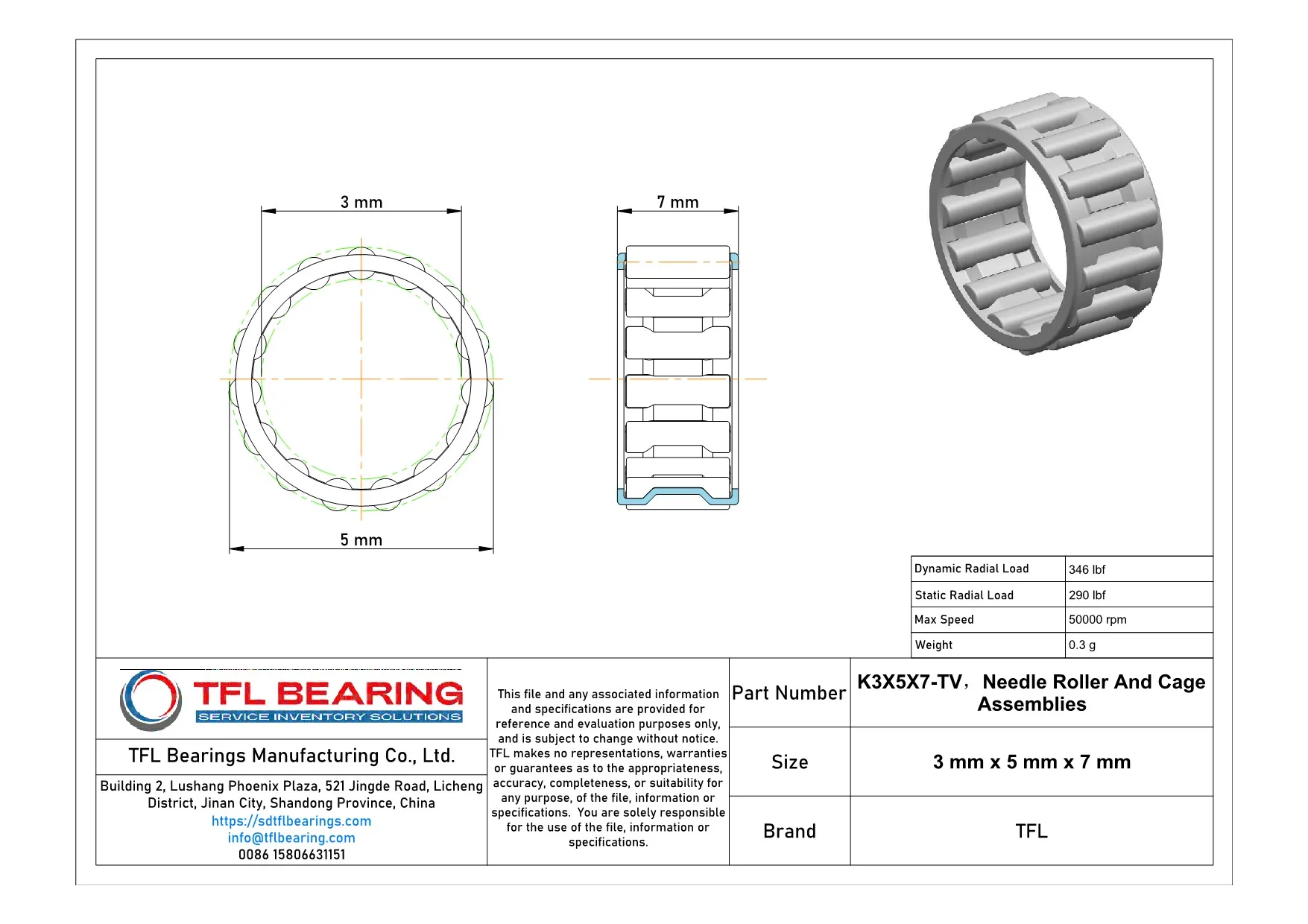 Needle Roller And Cage Assemblies K3X5X7-TV dimension drawing