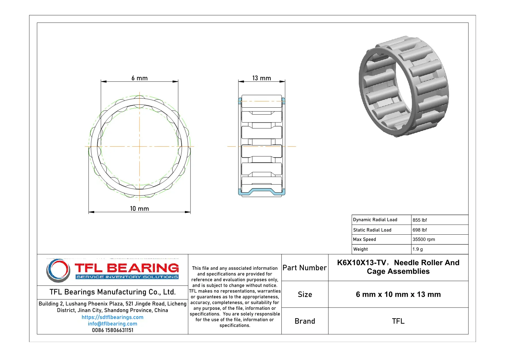 Needle Roller And Cage Assemblies K6X10X13-TV dimension drawing