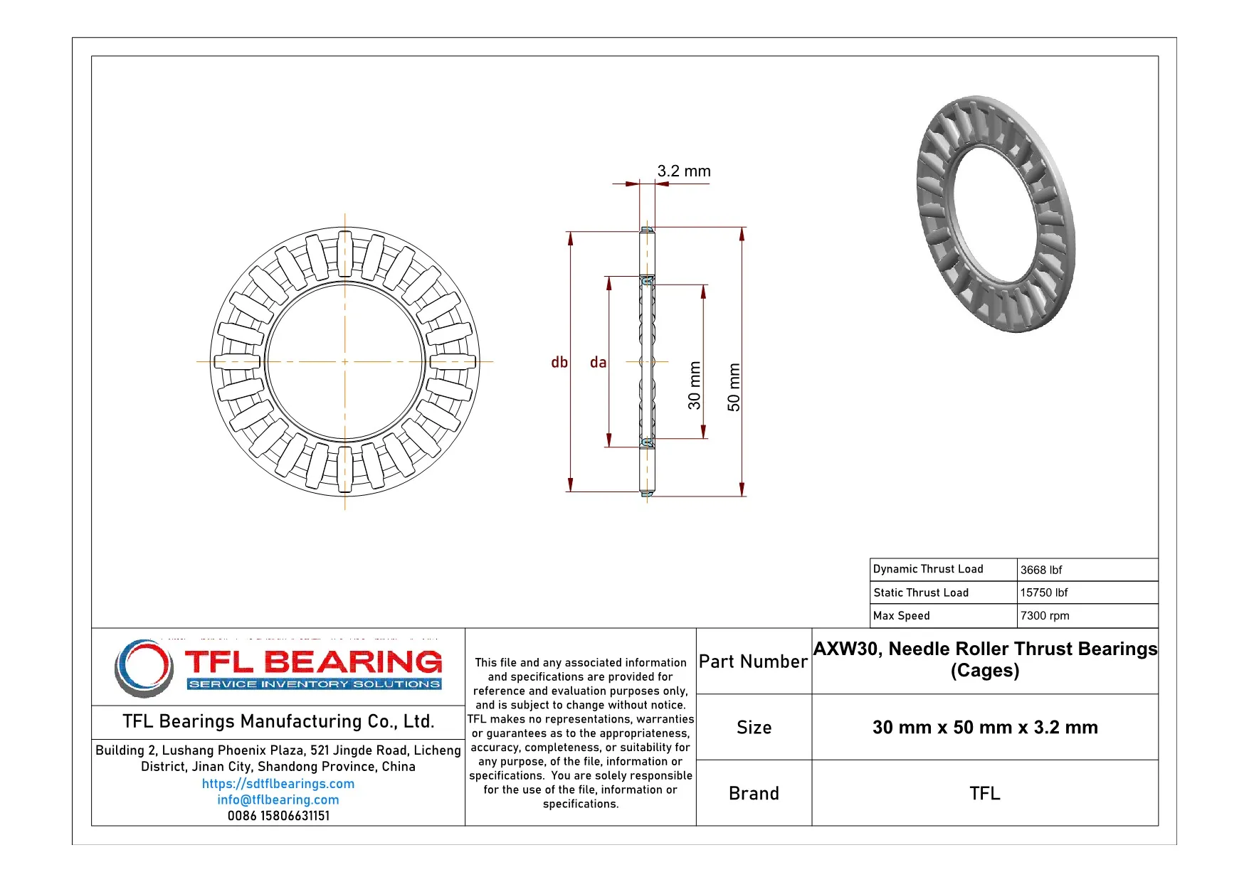 Needle Roller Thrust Bearings (Cages) AXW30 dimension drawing