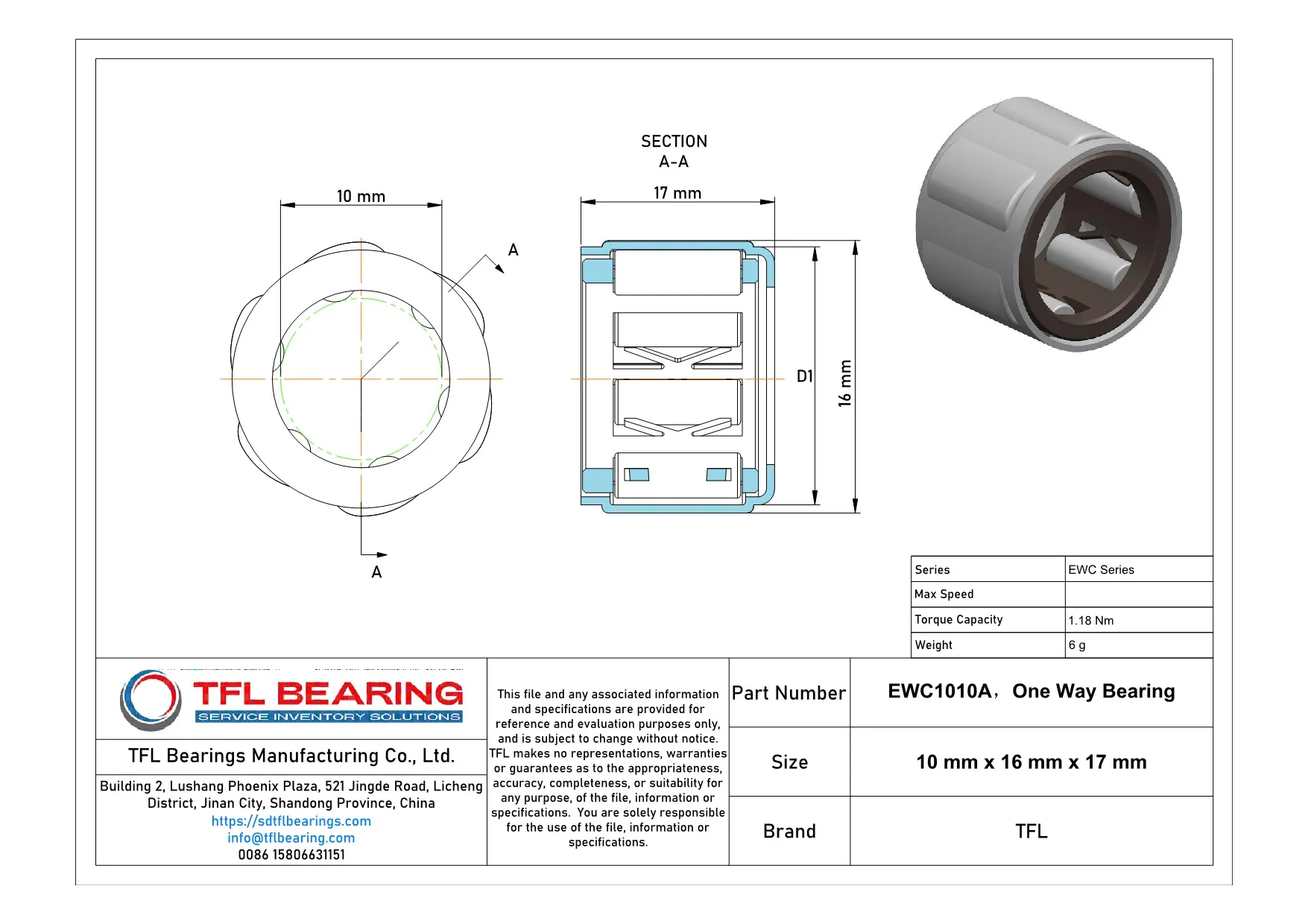 One Way Bearing EWC1010A dimension drawing